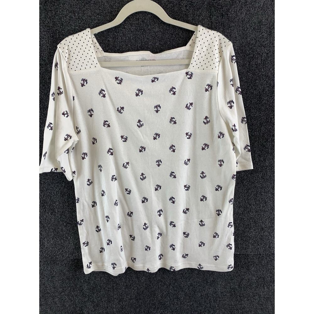 Croft & Barrow Blouse Shirt Square Neck 100% Cotton White With Anchors Size XL